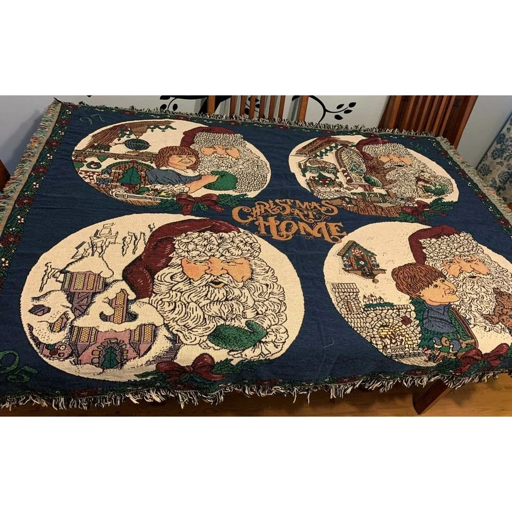 Vtg Santa Christmas at Home Chatham Throw Blanket Tapestry Fringed Cotton USA